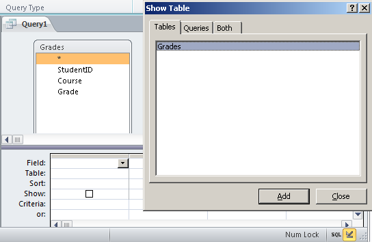 Grade table query setup