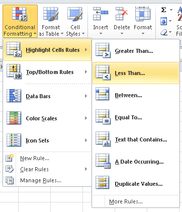 conditional format menu