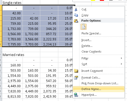 define a name for a range of cells