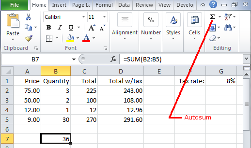 using the SUM function
