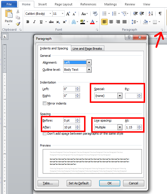 Word Paragraph dialog