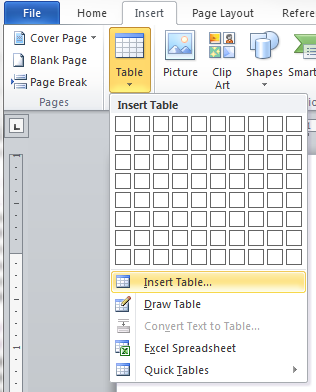 Insert table step 1