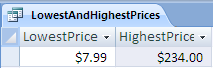 LowestAndHighestPrices query results