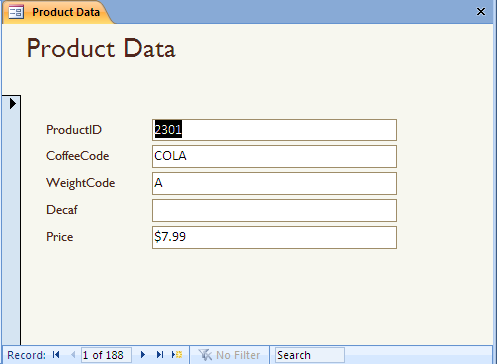 Product Data form
